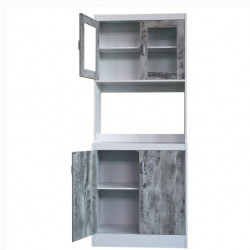 Tall Kitchen Microwave Cart: Cabinets, Shelf and Glass Doors, White with Light Wood Trim