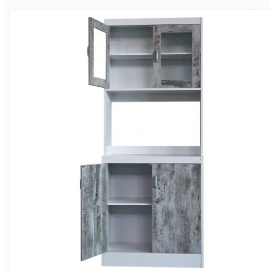 Tall Kitchen Microwave Cart: Cabinets, Shelf and Glass Doors, White with Light Wood Trim